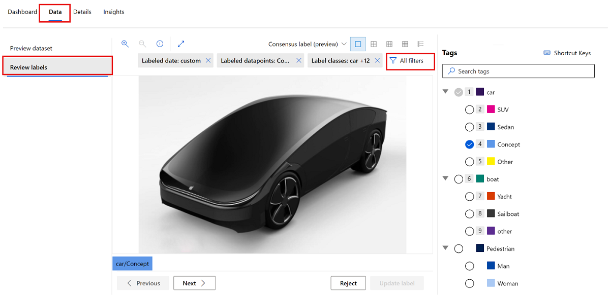 屏幕截图显示如何选择筛选器以审查共识标签问题。