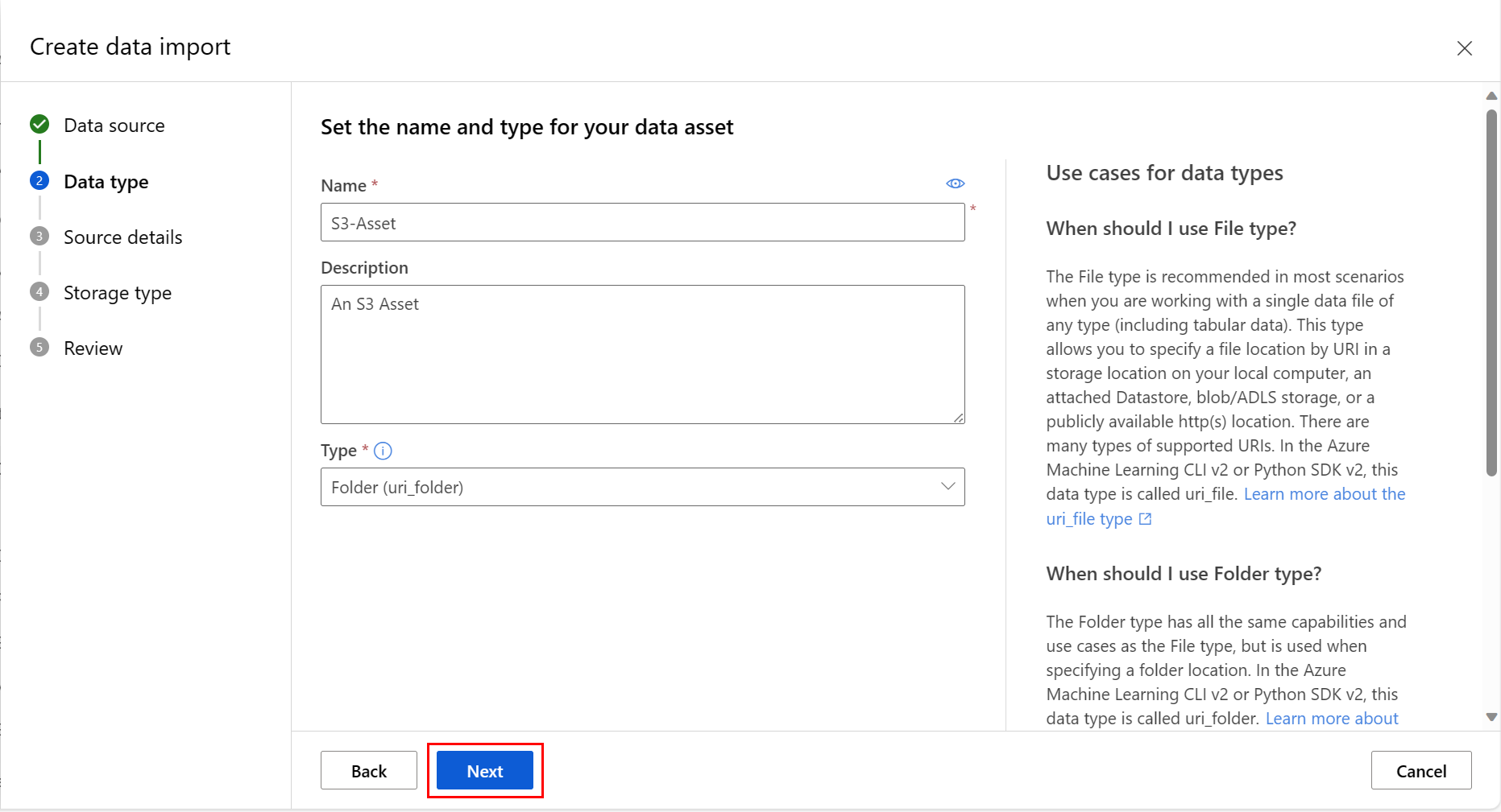 显示如何选择 Snowflake 数据资产类型的屏幕截图。