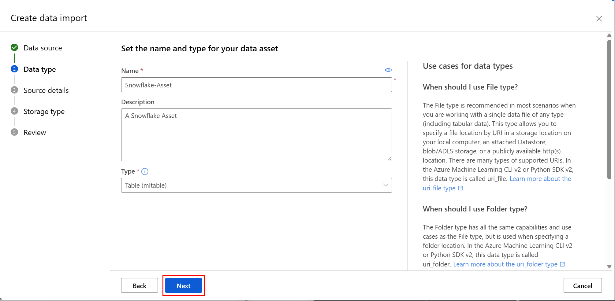 显示如何选择 Snowflake 数据资产类型的屏幕截图。