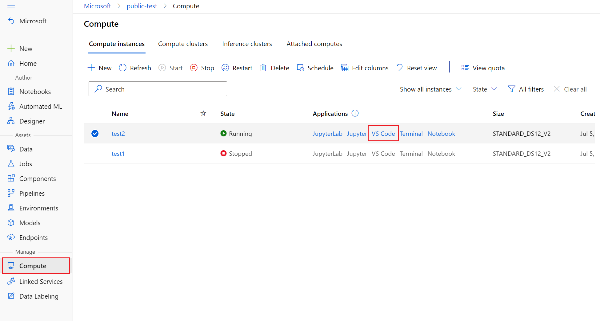 如何连接到计算实例 VS Code Azure 机器学习工作室的屏幕截图。