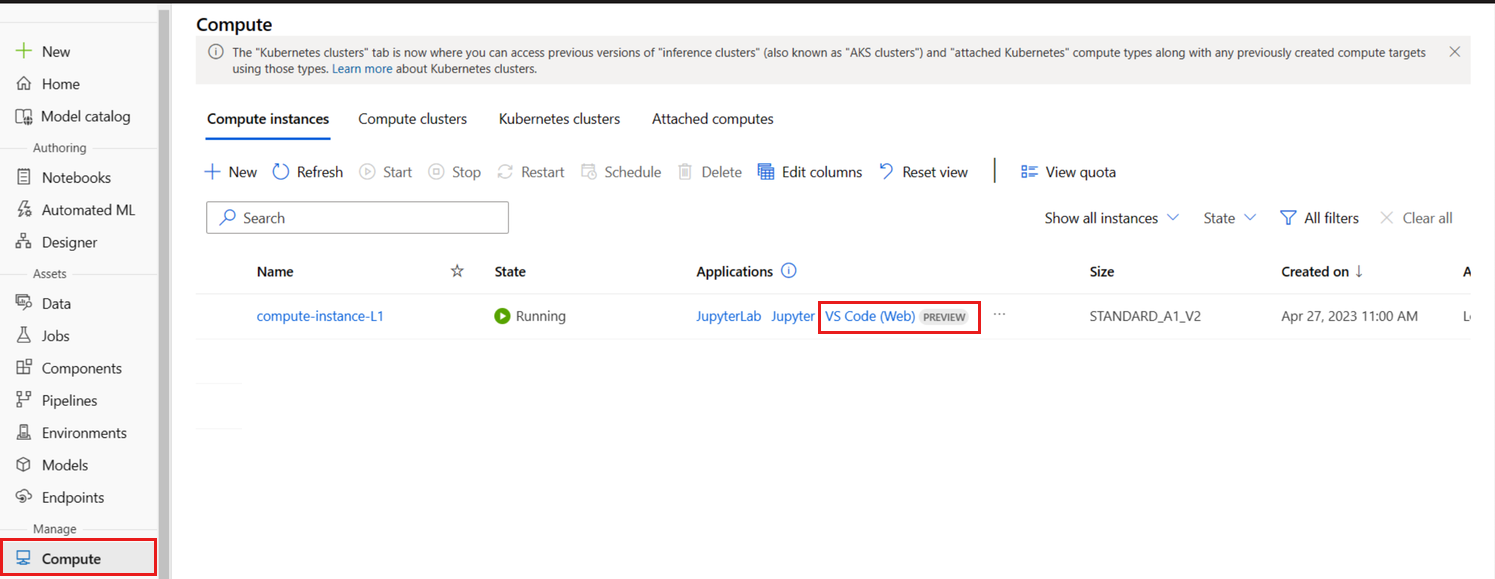 如何连接到计算实例 VS Code Azure 机器学习工作室的屏幕截图。