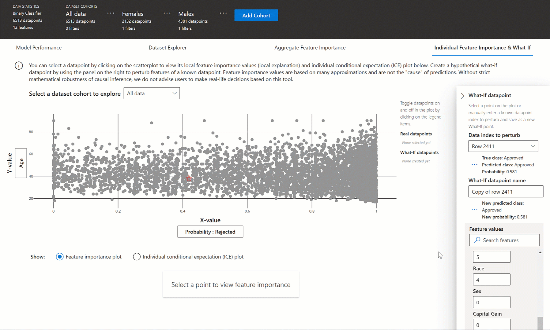 解释仪表板中的单个特征重要性和 What-if 选项卡
