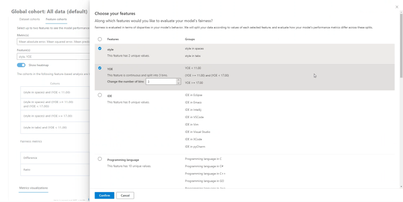 仪表板的“模型概述”窗格的屏幕截图,其中显示了如何选择特征。