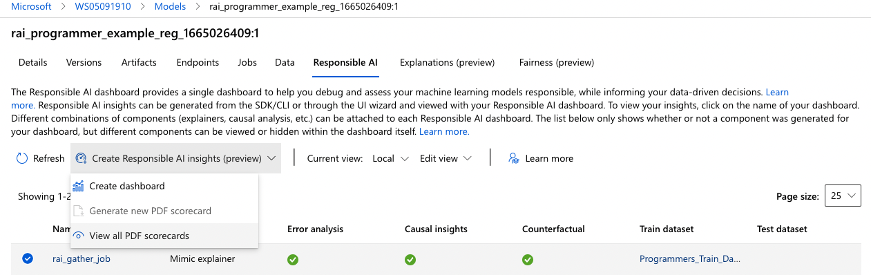 负责任 AI 记分卡下拉菜单的屏幕截图。