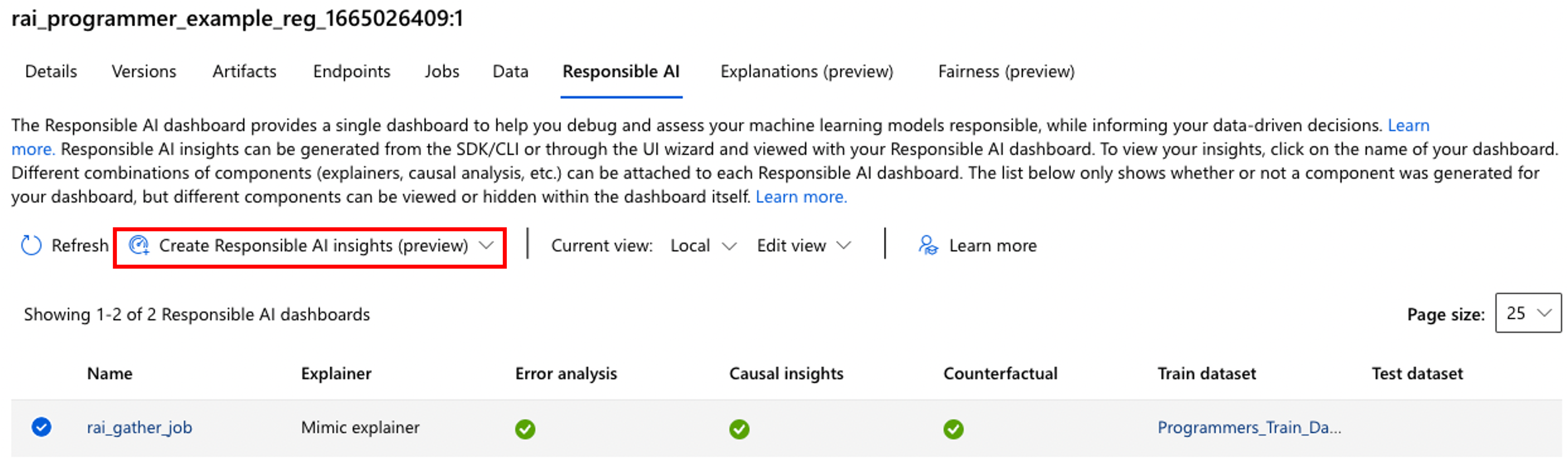 Azure 机器学习工作室中“负责任 AI (预览版)”窗格的屏幕截图,其中突出显示了“负责任 AI 记分卡(预览版)”选项卡。