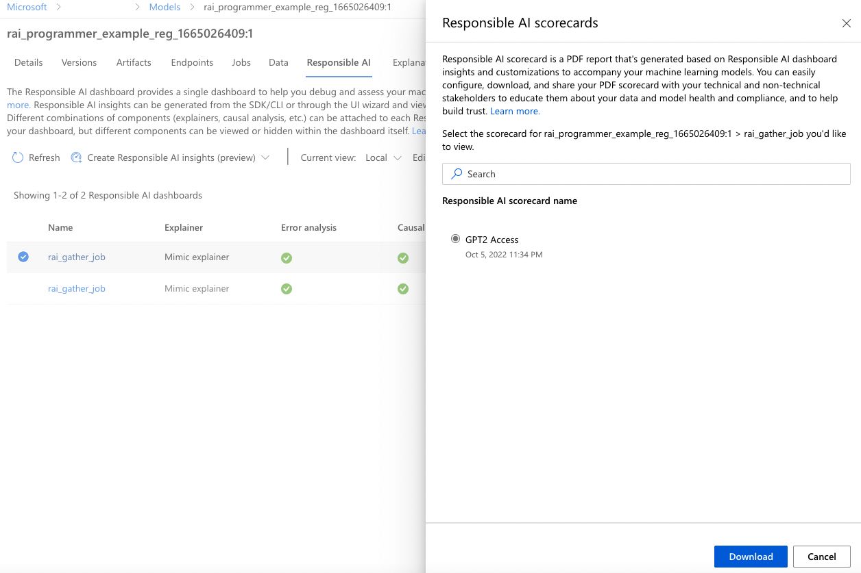 用于选择要下载的记分卡的“负责任 AI 记分卡”窗格的屏幕截图。