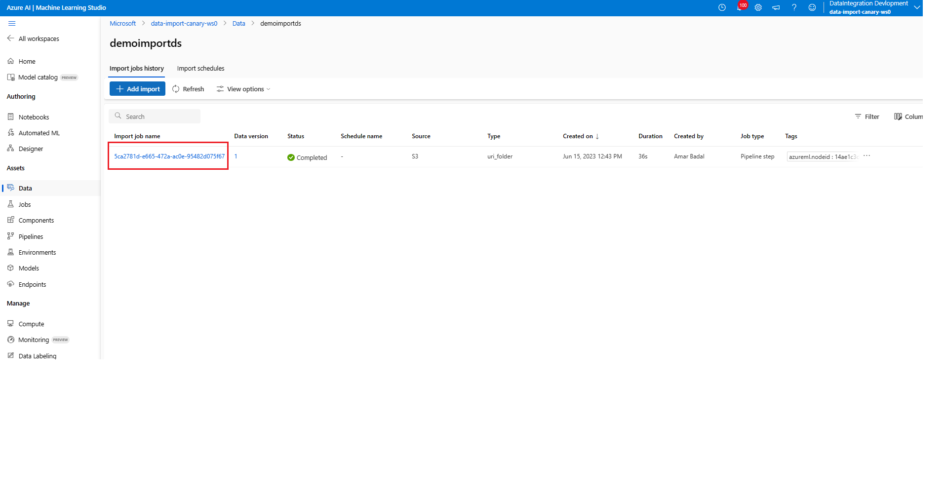 屏幕截图突出显示了“导入作业历史记录”选项卡中的已导入数据资产 GUID。