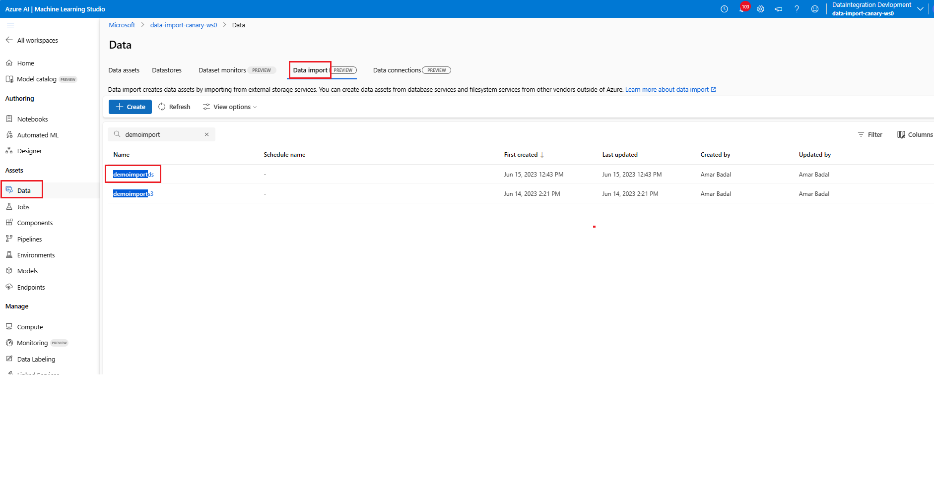 屏幕截图突出显示了“数据导入”选项卡中的已导入数据资产名称。