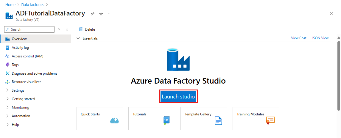 Azure 数据工厂主页的屏幕截图,其中突出显示了带标记的“打开 Azure 数据工厂工作室”和“启动工作室”。