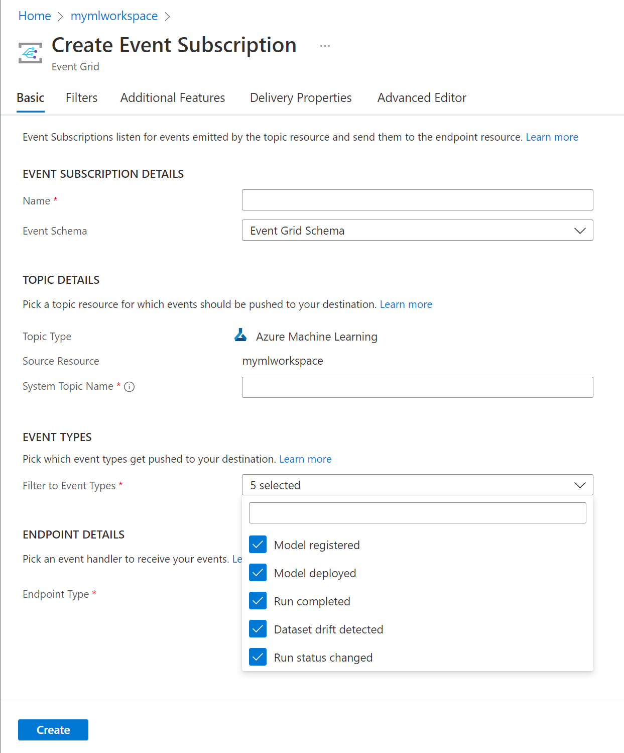 “创建事件订阅”窗体的屏幕截图。