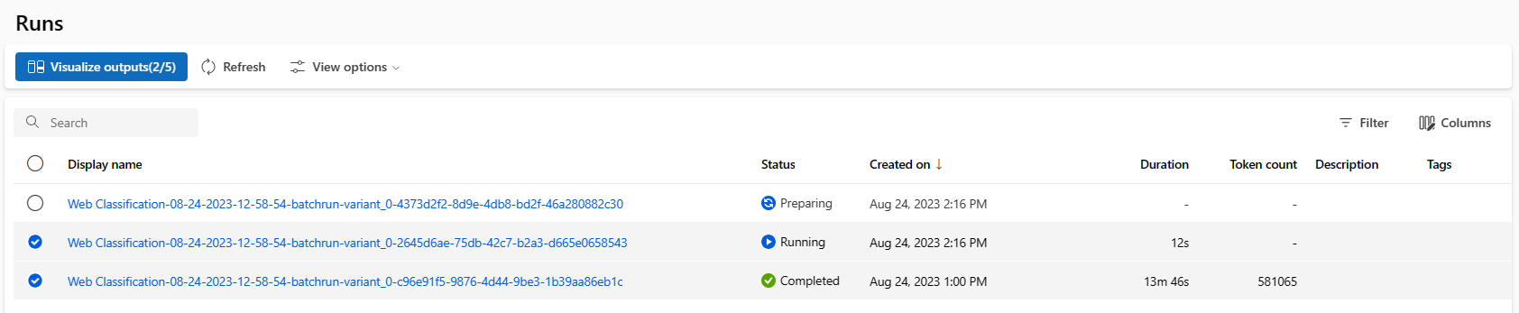 显示历史记录的批处理运行的运行屏幕截图。