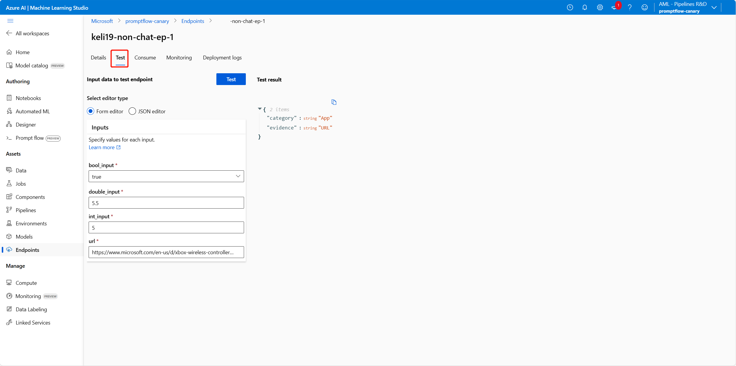 “测试”选项卡上“终结点详细信息”页的屏幕截图。