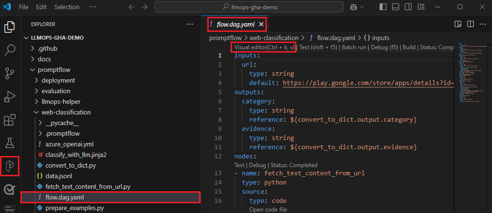 VS Code 中流定义文件顶部的“可视化编辑器”链接的屏幕截图。