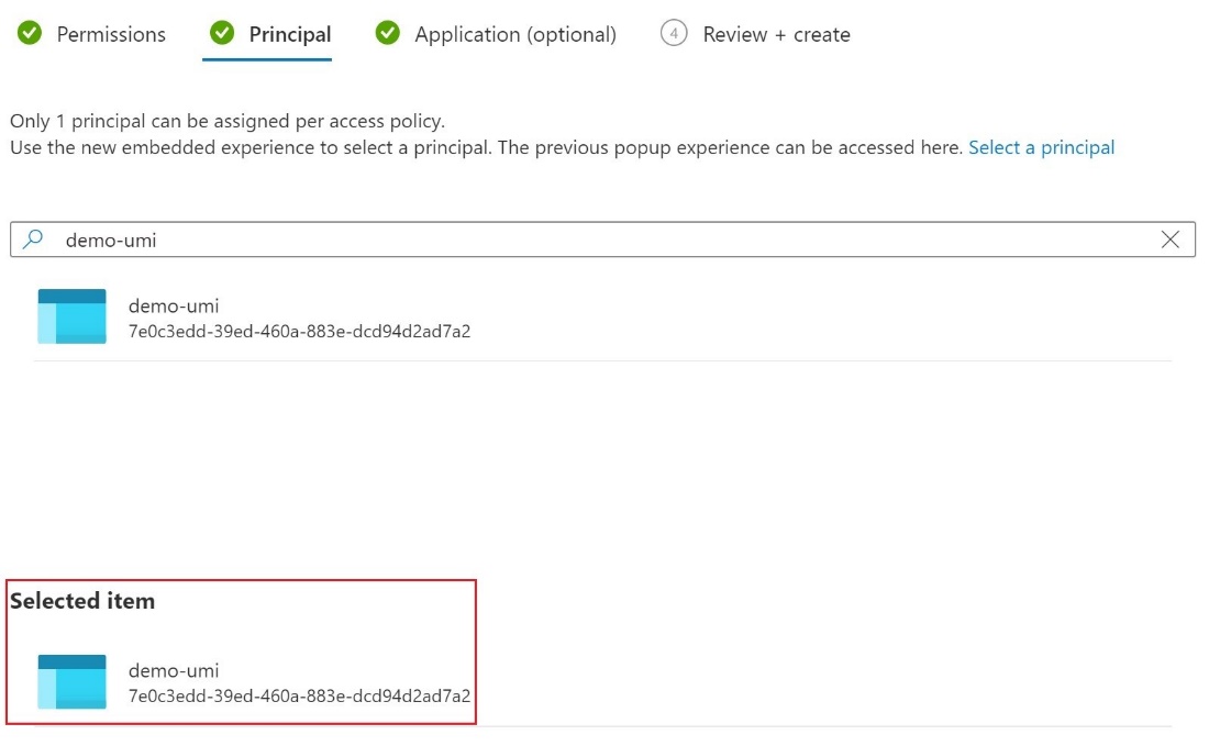 Azure 门户中“主体”选项卡的屏幕截图。