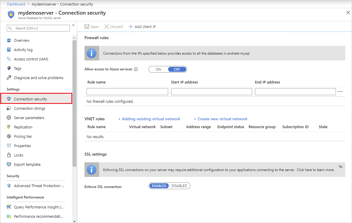 屏幕截图,其中显示 Azure 门户 – 选择连接安全。