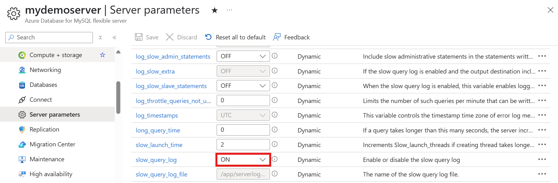 显示“slow_query_log”参数切换为“启用”的屏幕截图。