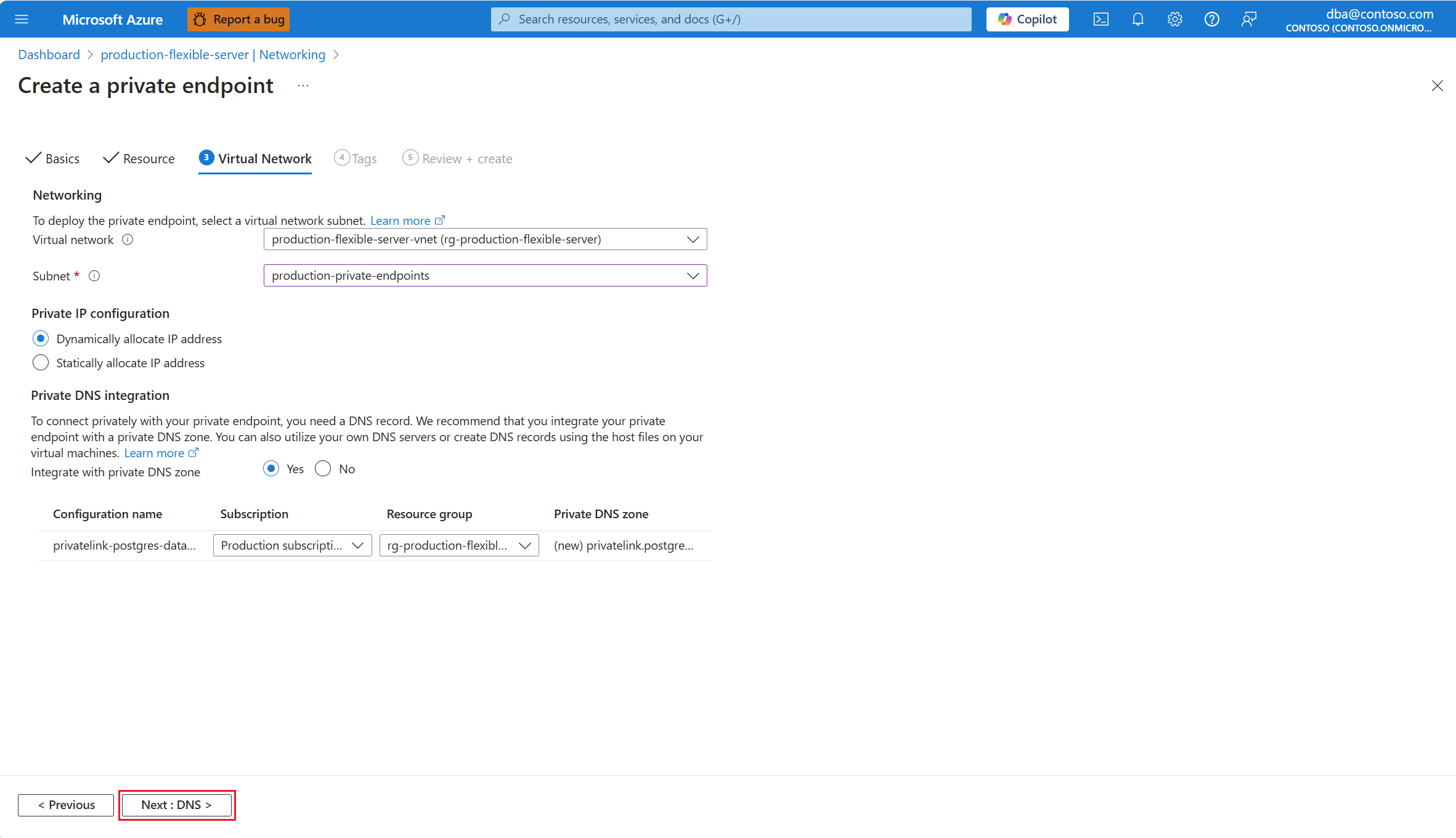显示“创建专用终结点”的“虚拟网络”页的屏幕截图。