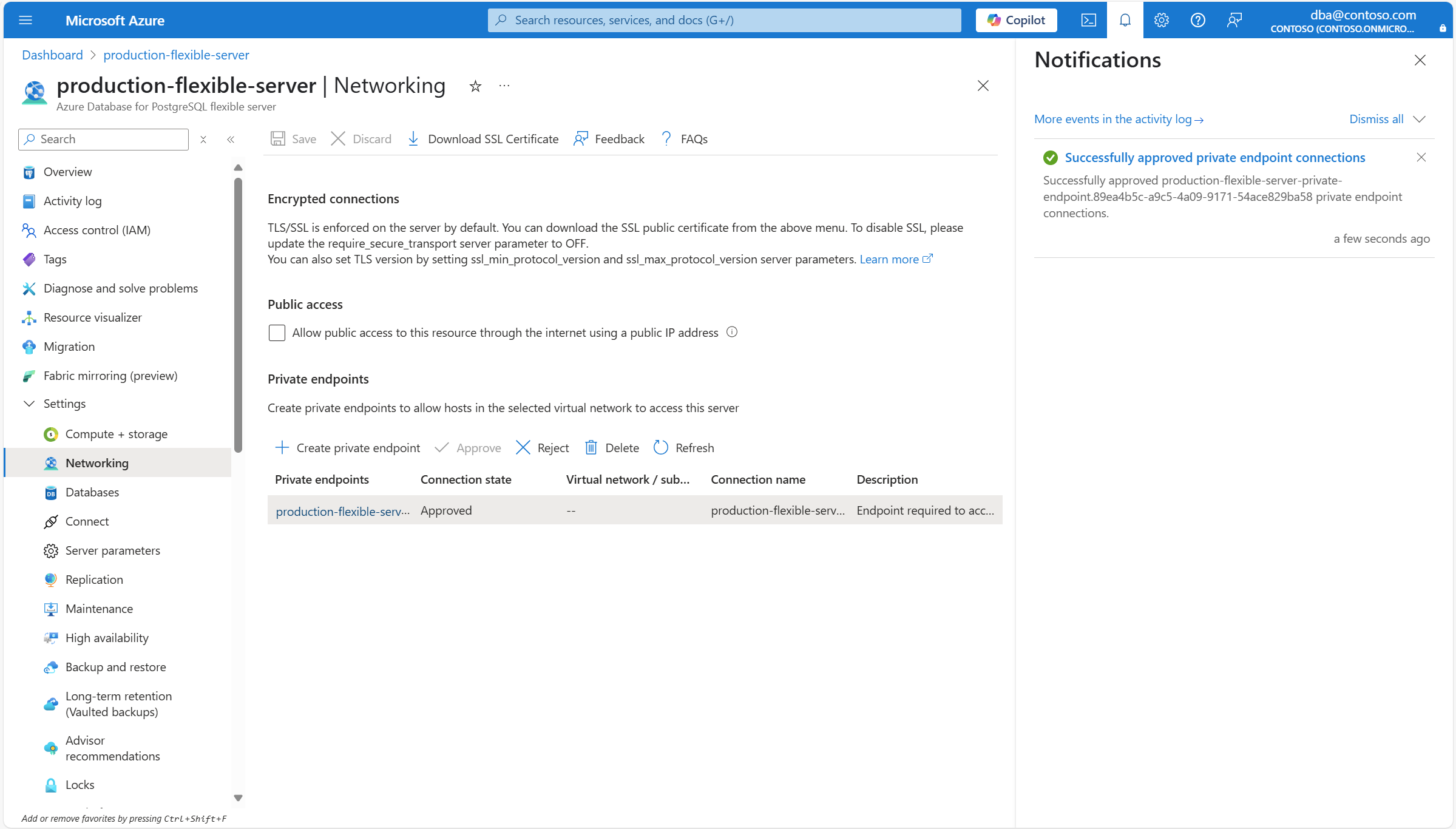 显示通知的屏幕截图,通知内容为已批准专用终结点连接。
