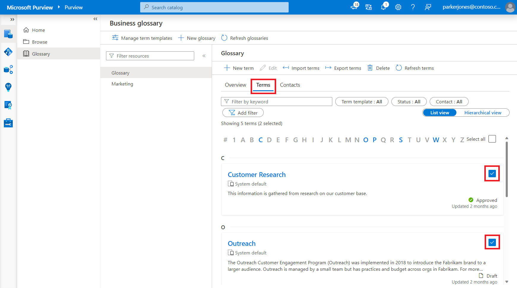 术语表的屏幕截图，其中已选择一些术语。