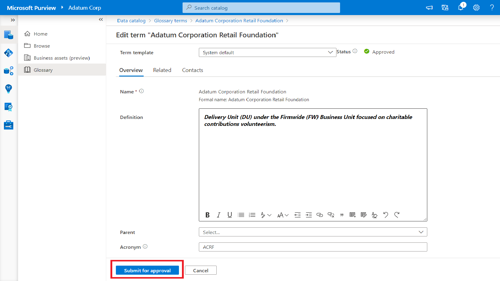 用于提交术语以供审批的按钮的屏幕截图。