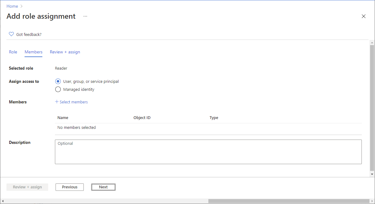 “添加角色分配”页的屏幕截图，其中包含“成员”选项卡。