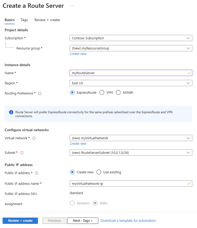 显示“基本信息”选项卡或如何创建路由服务器的屏幕截图。