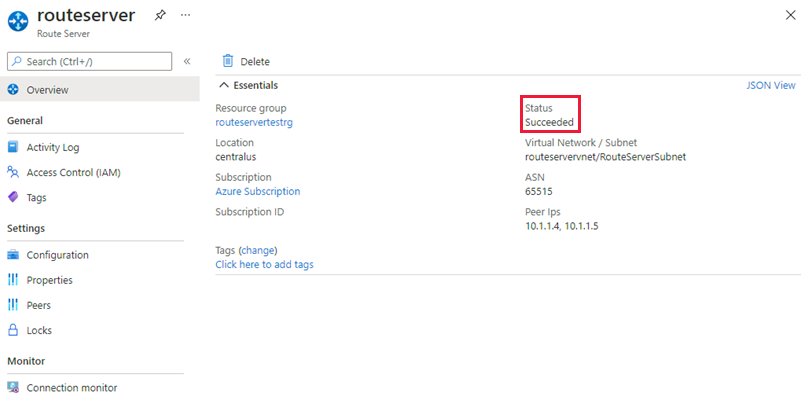 显示“路由服务器概述”页的屏幕截图，其中确认部署成功。