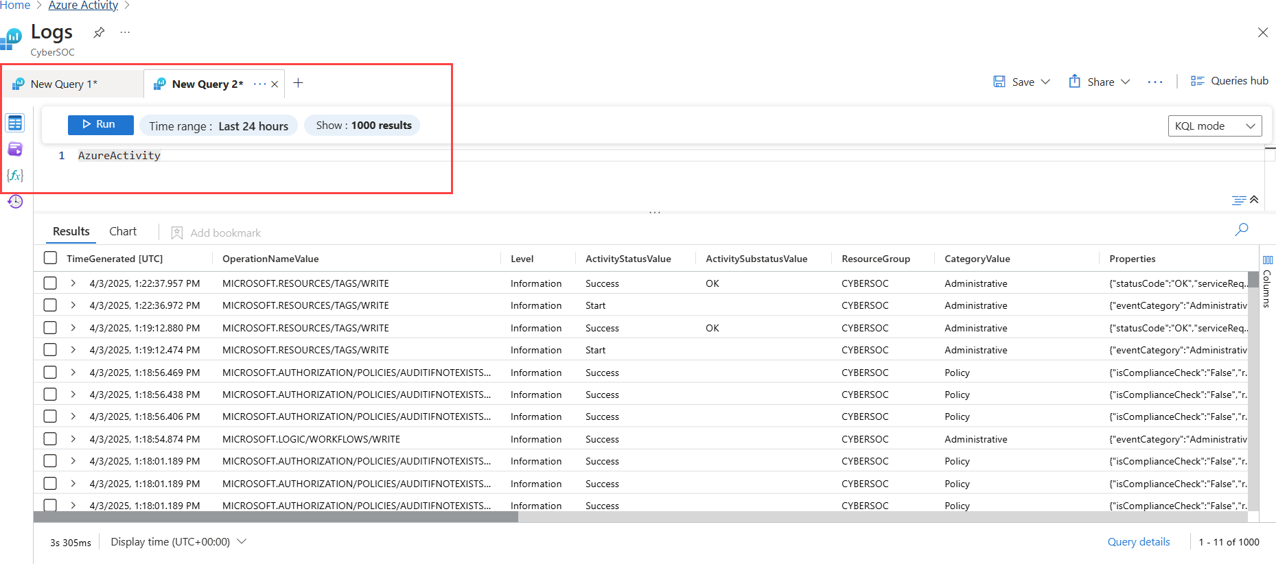 Azure 门户“日志”页中 AzureActivity 查询的屏幕截图。