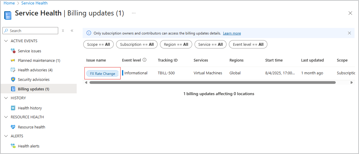 包含子类型事件标记的“计费更新”窗格的屏幕截图。
