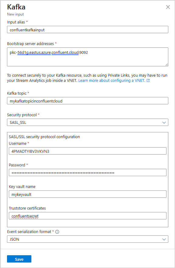 屏幕截图显示如何为流分析作业配置 kafka 输入。