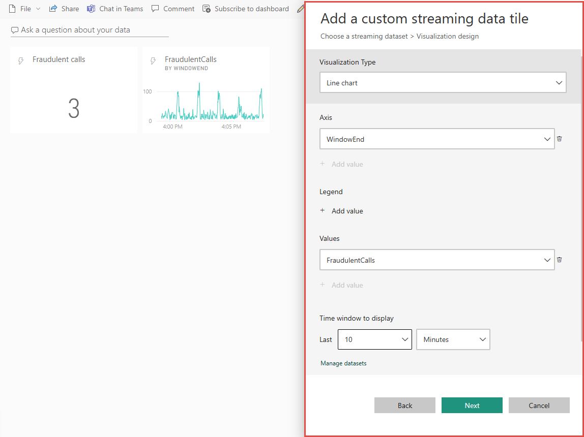 屏幕截图显示仪表板上的折线图的设置。