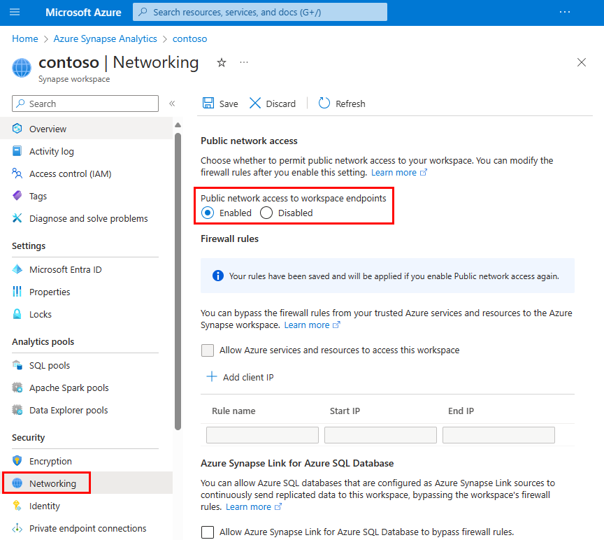 Azure 门户中的屏幕截图。在现有的 Synapse 工作区的“网络”选项卡中,“公用网络访问”设置为“已启用”。
