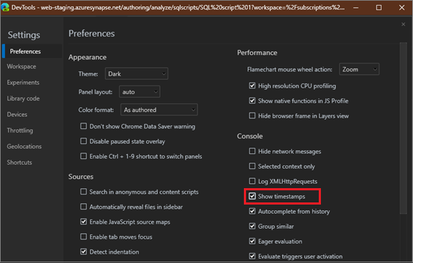 Microsoft Edge 开发人员工具控制台的屏幕截图，其中显示了时间戳。