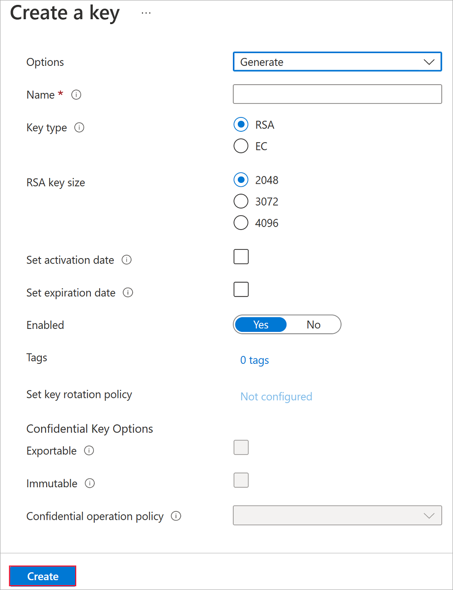 选择“生成/导入”按钮后出现的“创建密钥”窗格的屏幕截图。