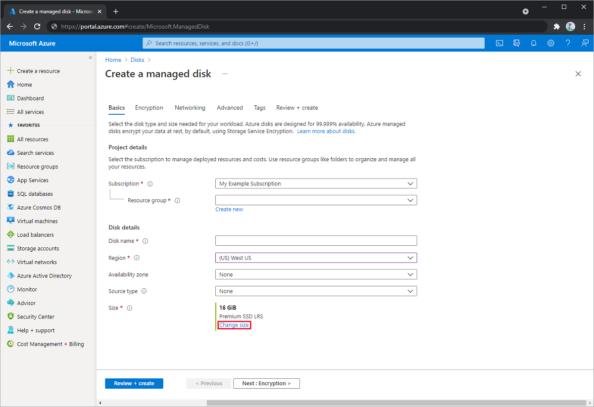 “创建托管磁盘”窗格的屏幕截图,其中“更改大小”已突出显示。