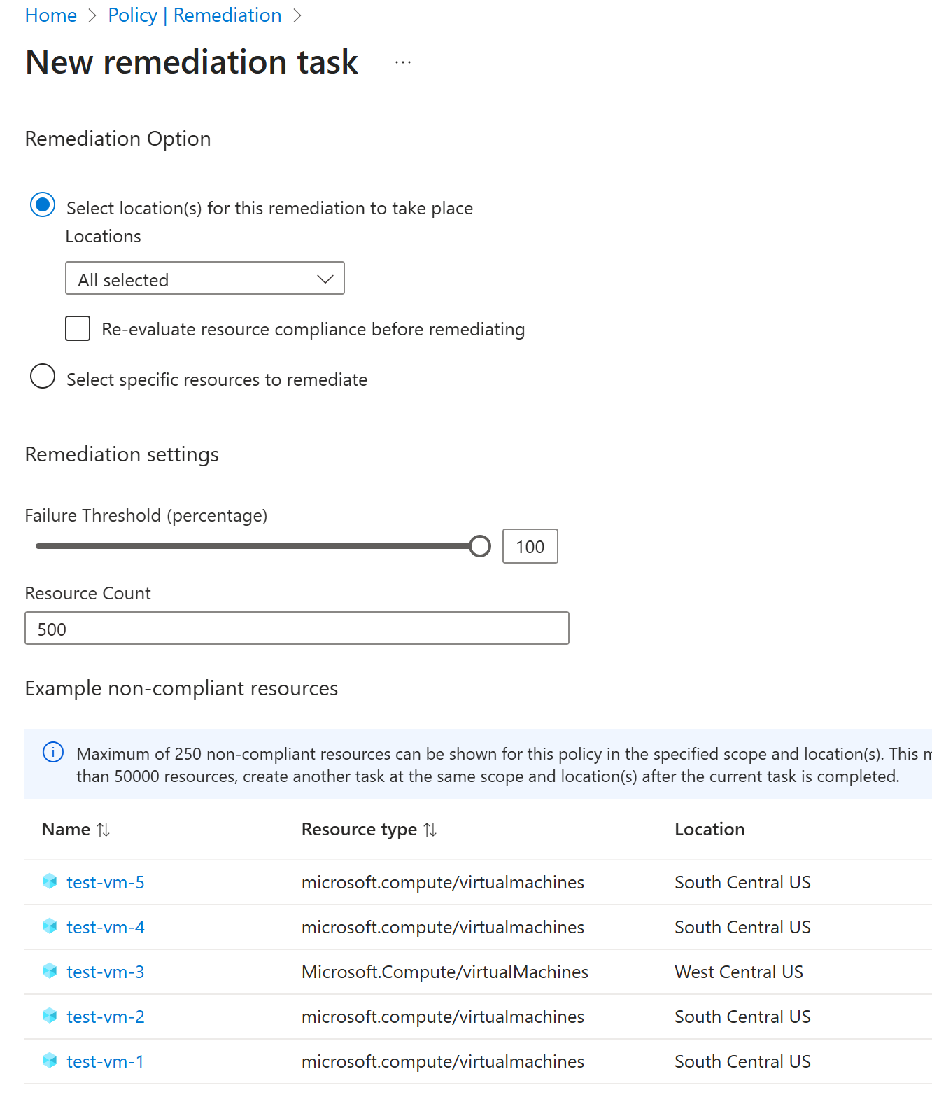 Azure Portal 体验的屏幕截图，显示如何创建一个新的修正任务。