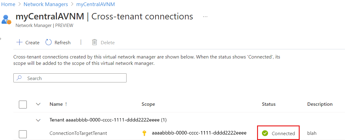 Azure 虚拟网络管理器中的屏幕截图显示跨租户连接状态为“已连接”。