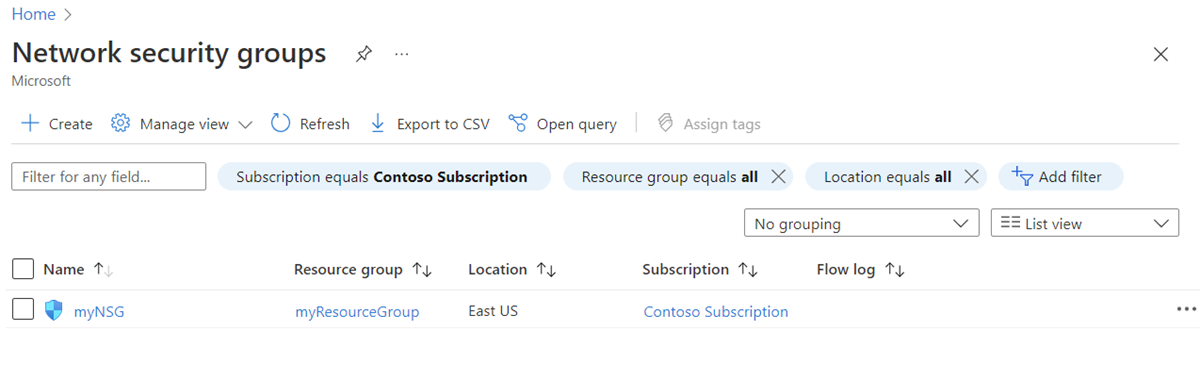 Azure 门户中网络安全组列表的屏幕截图。
