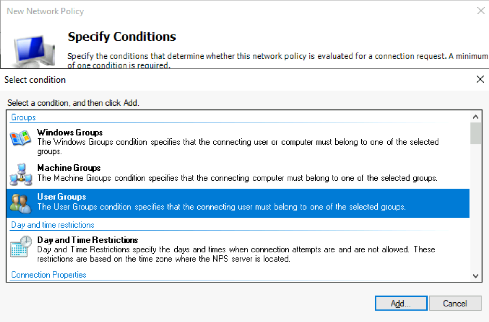 屏幕截图显示如何指定用户组条件。