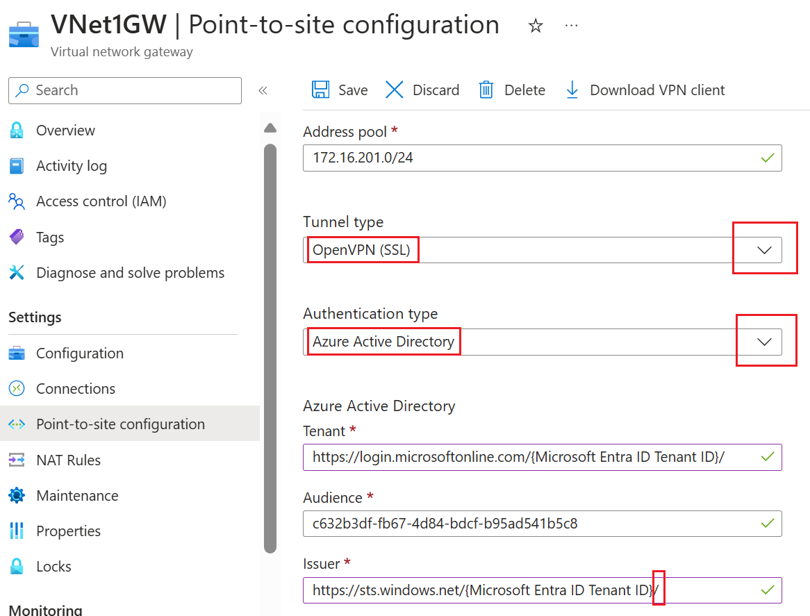 屏幕截图显示了隧道类型、身份验证类型和 Microsoft Entra ID 设置。