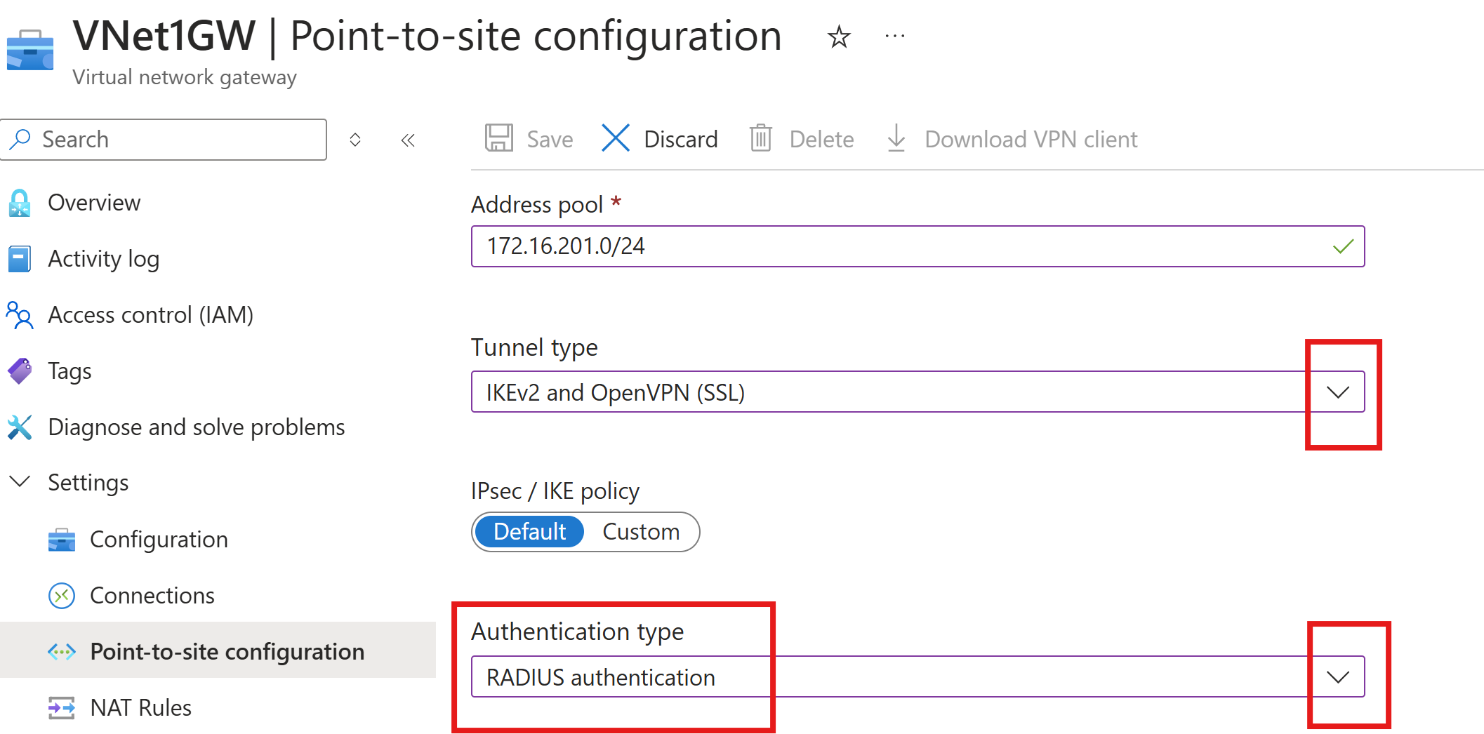 “点到站点配置”页的身份验证类型的屏幕截图。
