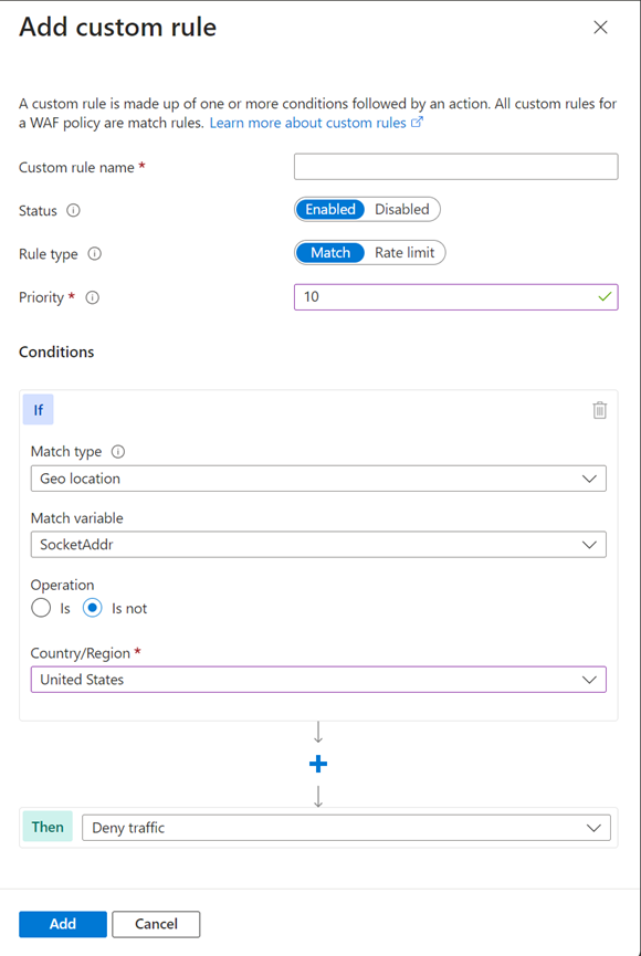 显示 Front Door WAF 添加自定义规则屏幕的屏幕截图。