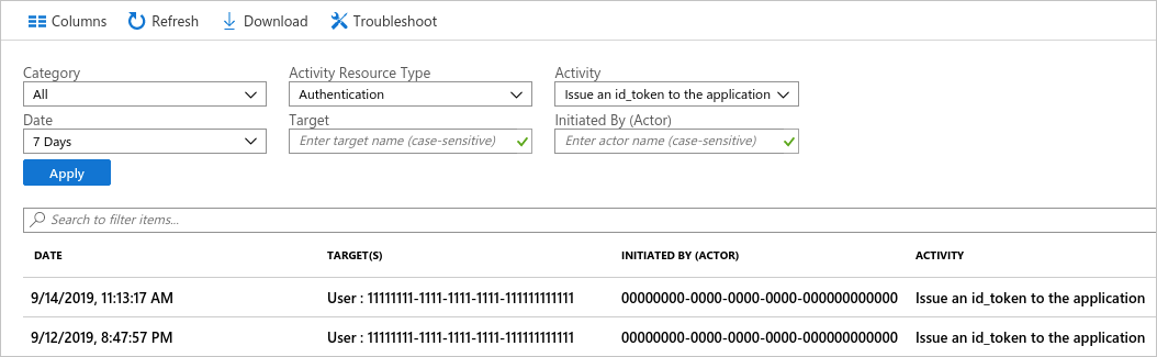 Azure 门户中包含两个活动日志事件的示例筛选器