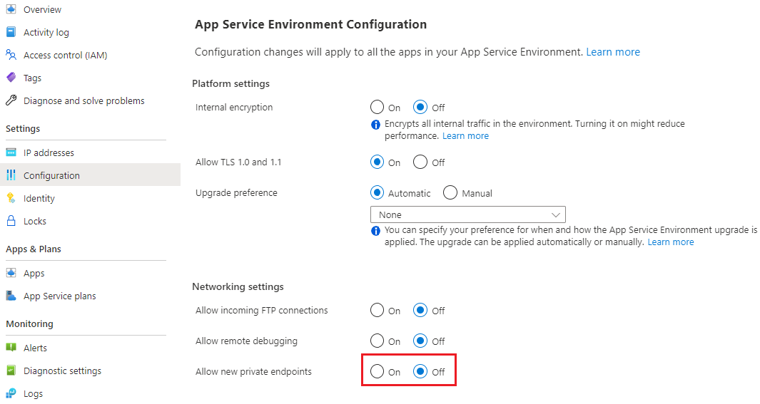 Azure 门户中的屏幕截图：如何配置应用服务环境以允许为应用创建新的专用终结点。