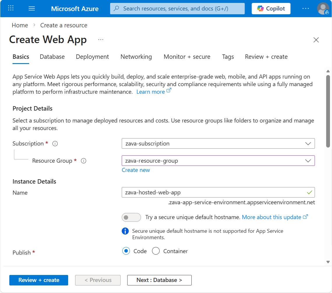 截图显示如何在 Azure portal 的 App Service Environment 中创建 Web 应用。