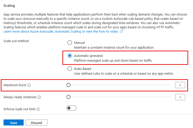 显示 Azure 门户中的自动缩放的屏幕截图