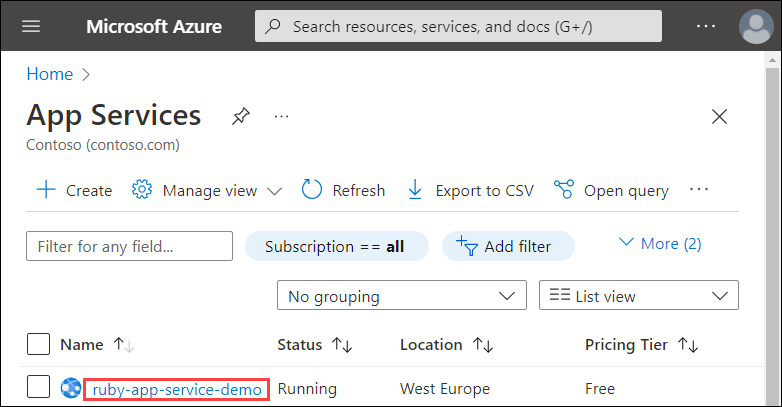 Screenshot of the App Services list in Azure. The name of the demo app service is highlighted.