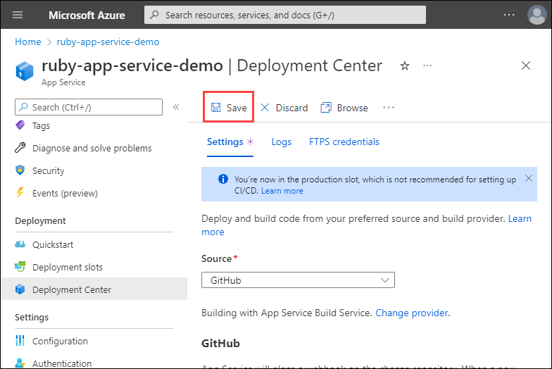 Screenshot of the Deployment Center for the App Service, focusing on the GitHub integration settings. The Save button in the action bar is highlighted.