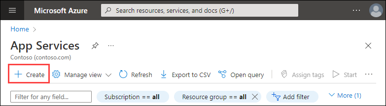 Screenshot of the App Services page in the Azure portal. The Create button in the action bar is highlighted.