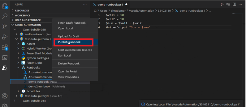 有关如何使用 Azure 自动化扩展发布 Runbook 的屏幕截图。
